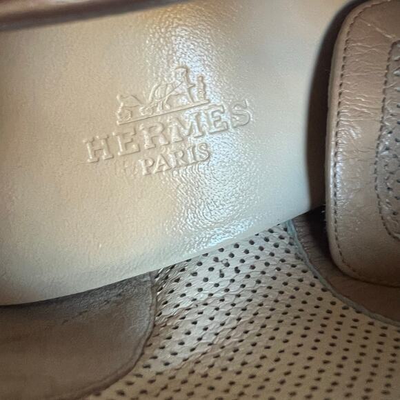 Hermes Beige Leather Almond Toe Lace Up Wing Tip Oxford Heeled Shoes 6.5 - Picture 9 of 11